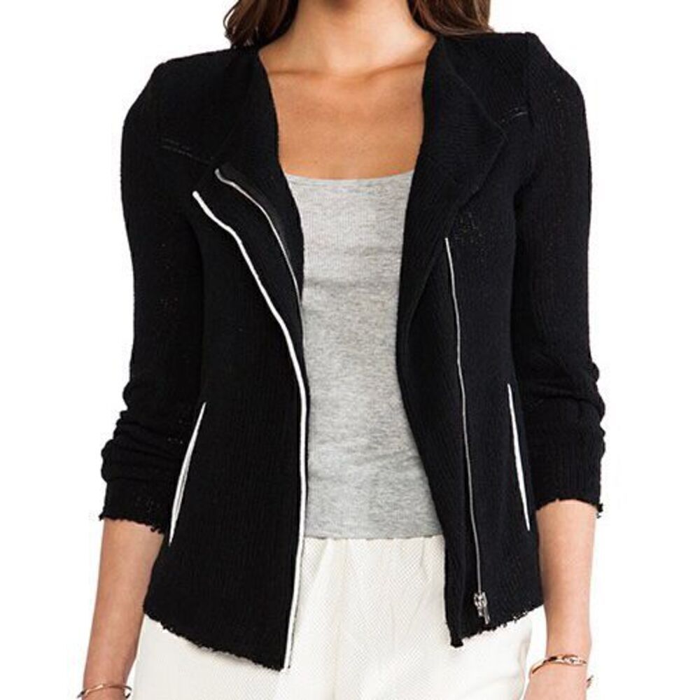 IRO, Dana Jacket Black Knit, White Contrast Sheepskin Leather Trim, Women’s 36